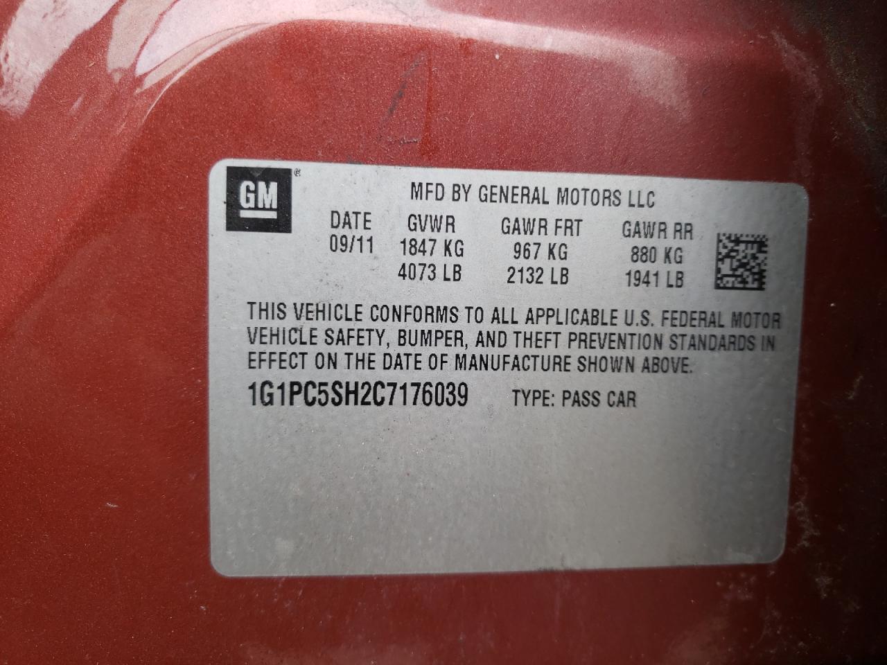 Photo 10 from auction – 2012 CHEVROLET CRUZE LS with VIN 1G1PC5SH2C7176039