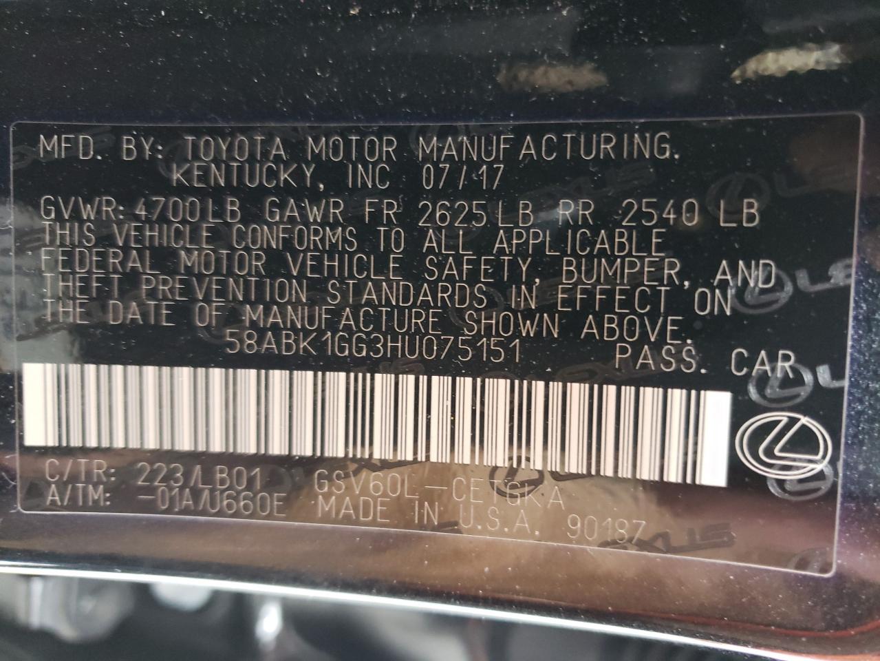 Photo 10 from auction – 2017 LEXUS ES 350 with VIN 58ABK1GG3HU075151