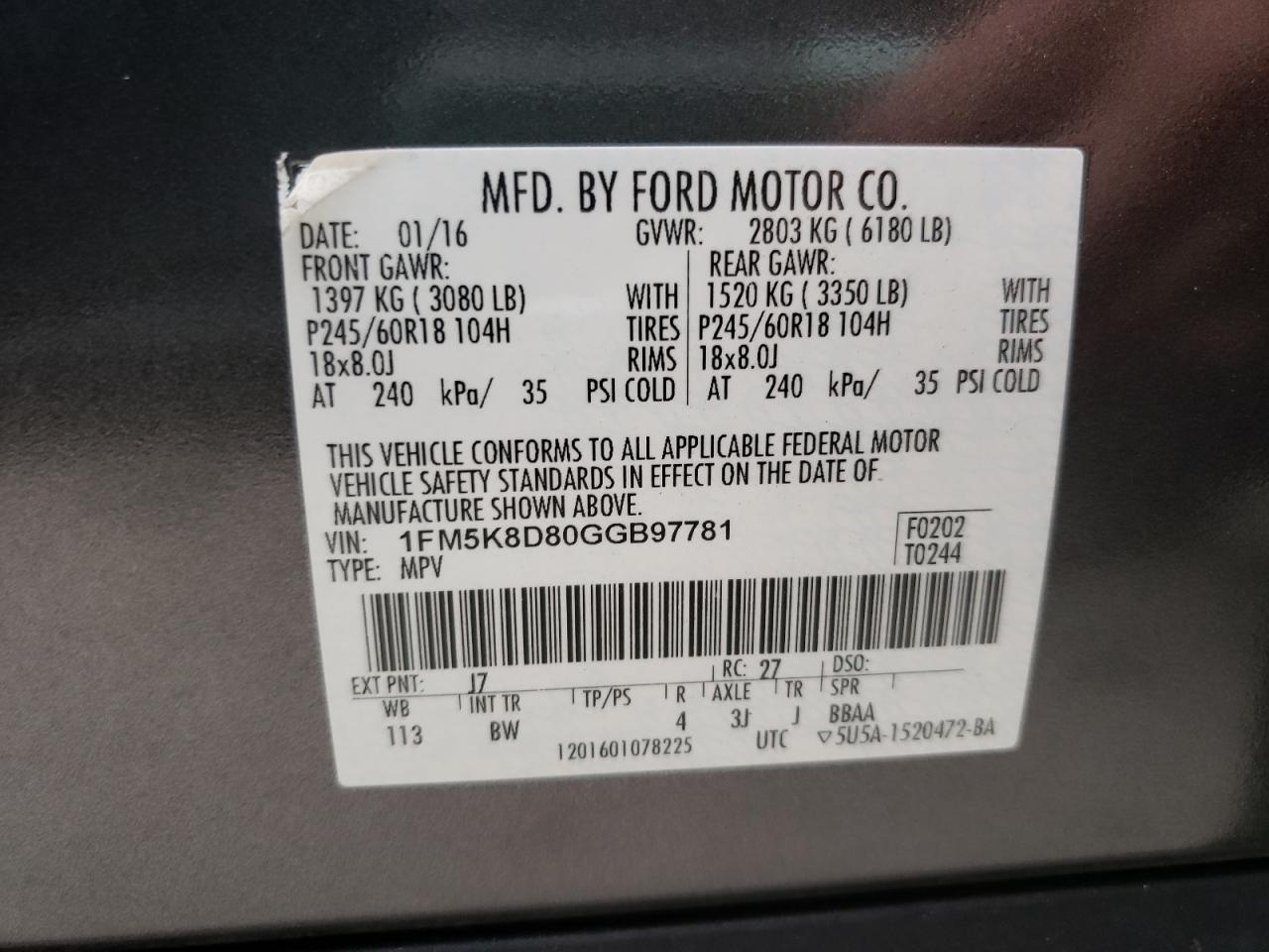 Photo 19 from auction – 2016 FORD EXPLORER X with VIN 1FM5K8D80GGB97781