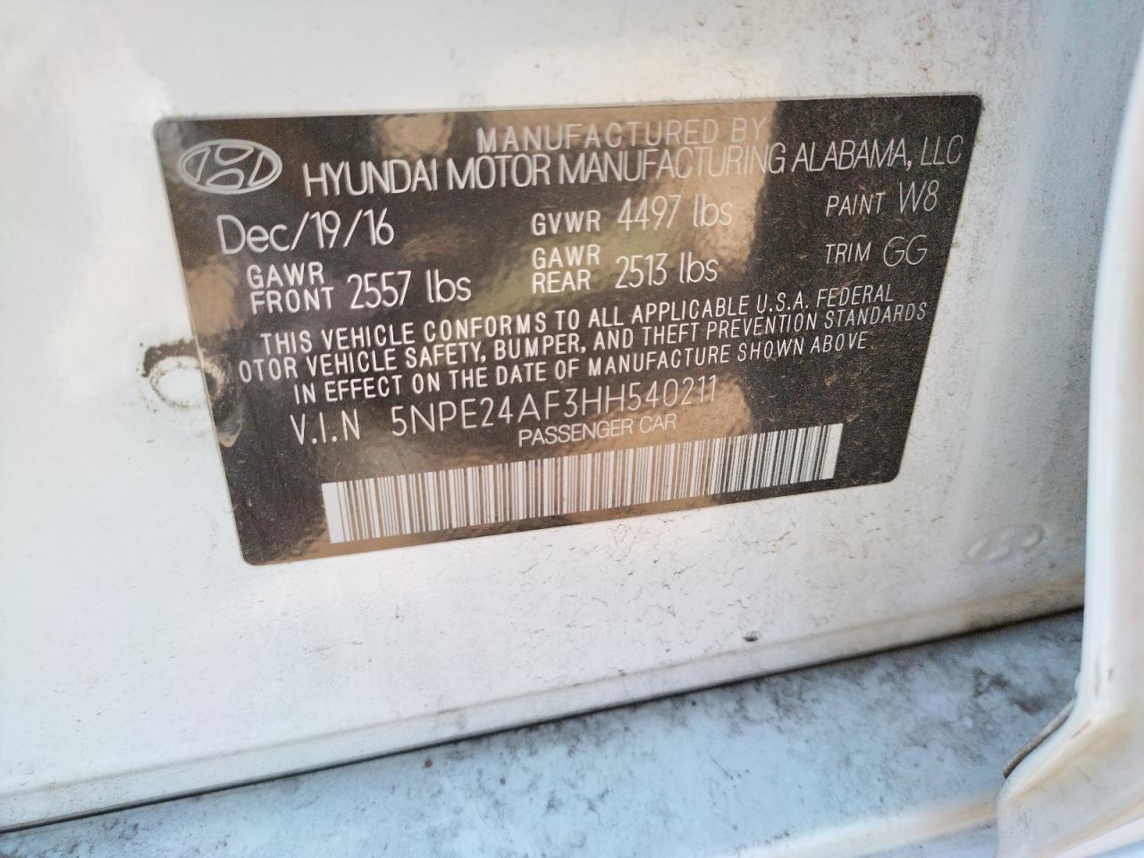 Photo 20 from auction – 2017 HYUNDAI SONATA SE with VIN 5NPE24AF3HH540211