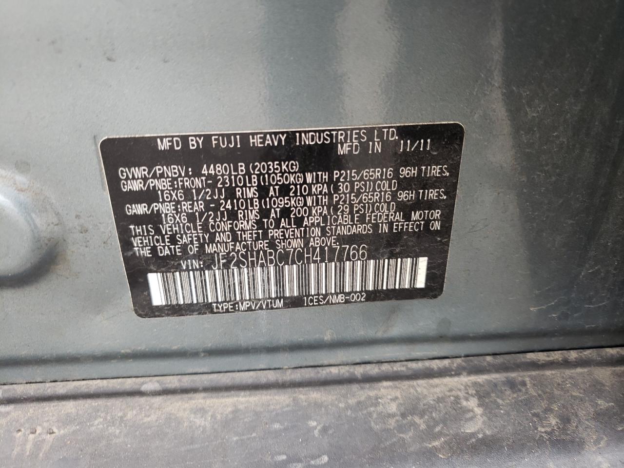 Photo 10 from auction – 2012 SUBARU FORESTER 2 with VIN JF2SHABC7CH417766