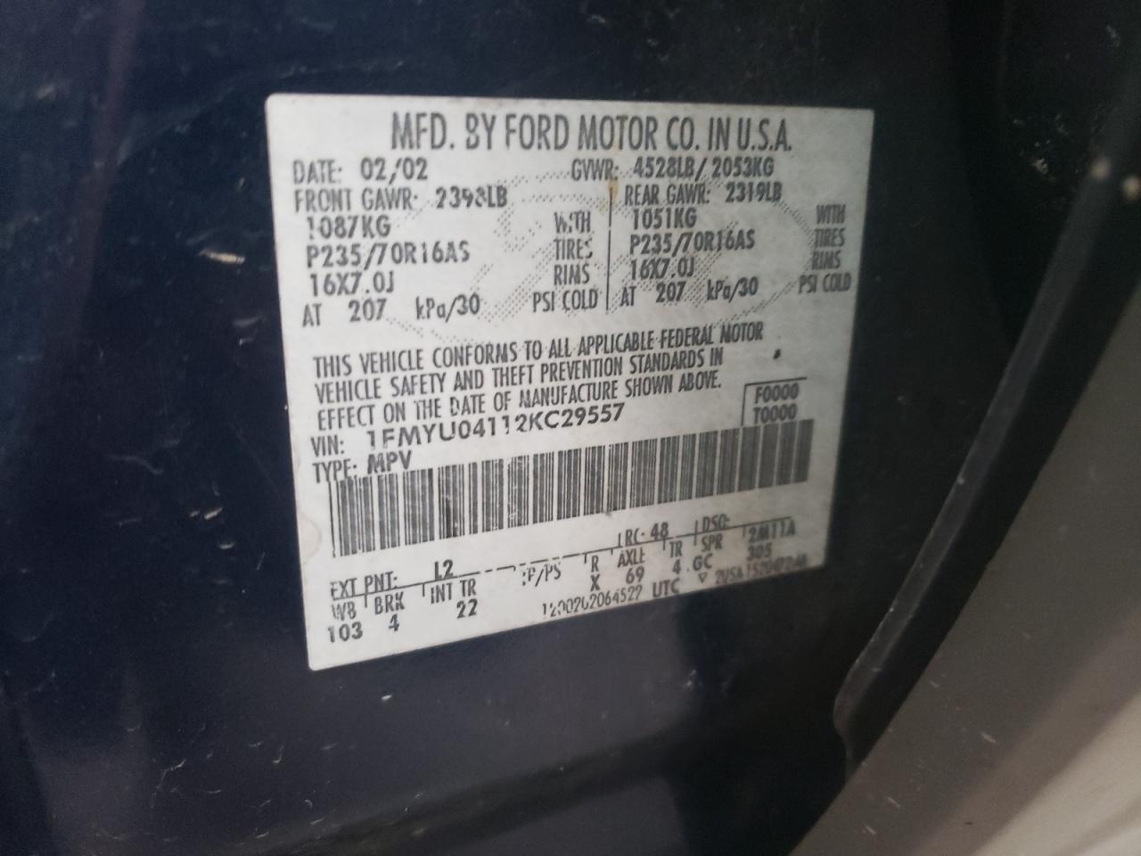 Photo 10 from auction – 2002 FORD ESCAPE XLT with VIN 1FMYU04112KC29557