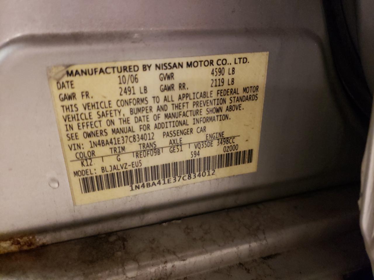 Photo 10 from auction – 2007 NISSAN MAXIMA SE with VIN 1N4BA41E37C834012