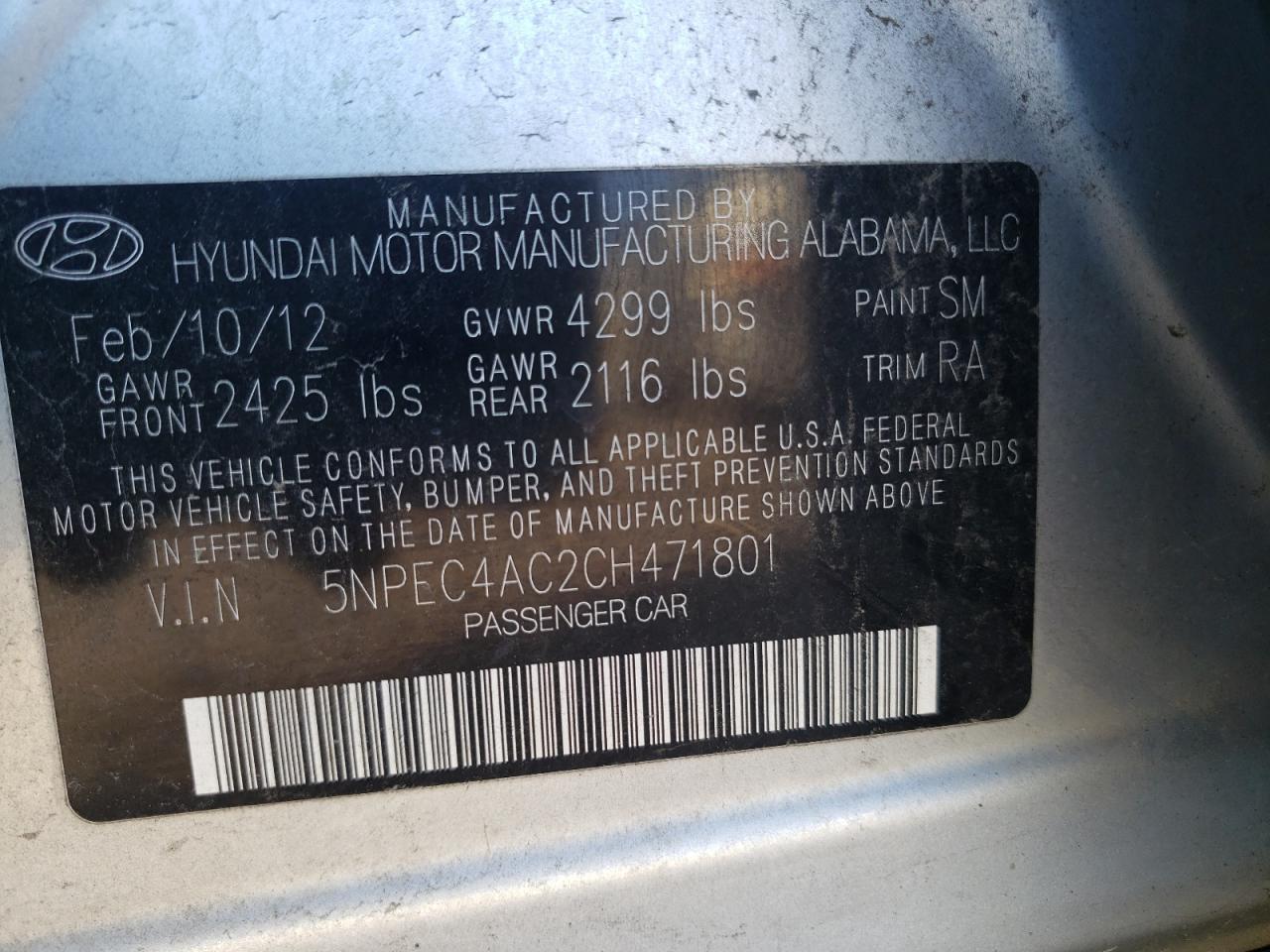 Photo 10 from auction – 2012 HYUNDAI SONATA SE with VIN 5NPEC4AC2CH471801