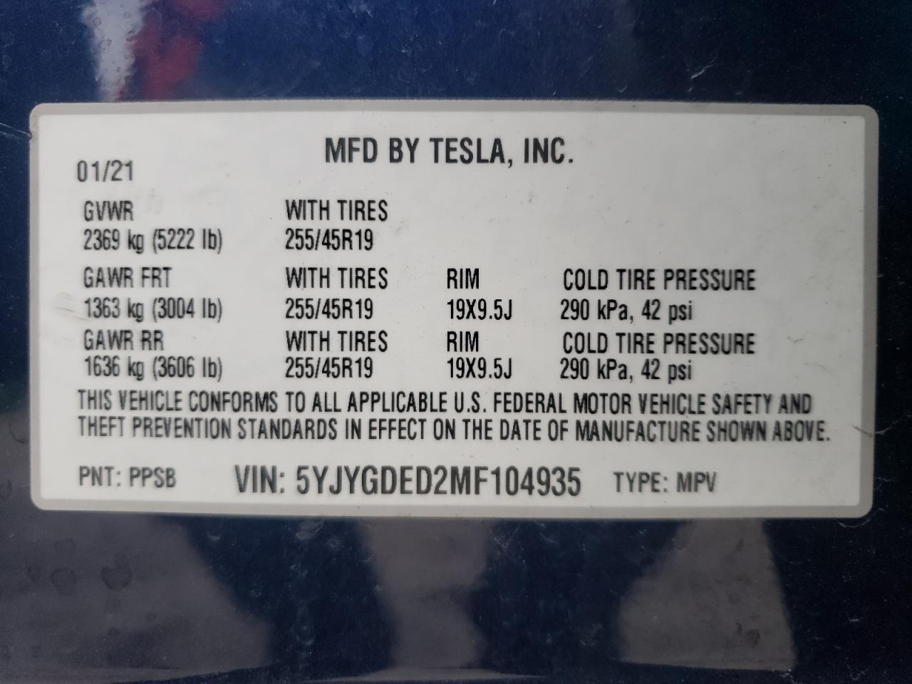 Photo 10 from auction – 2021 TESLA MODEL Y with VIN 5YJYGDED2MF104935