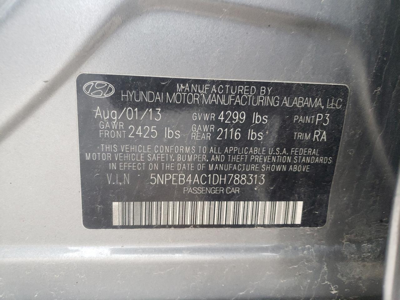 Photo 10 from auction – 2013 HYUNDAI SONATA GLS with VIN 5NPEB4AC1DH788313