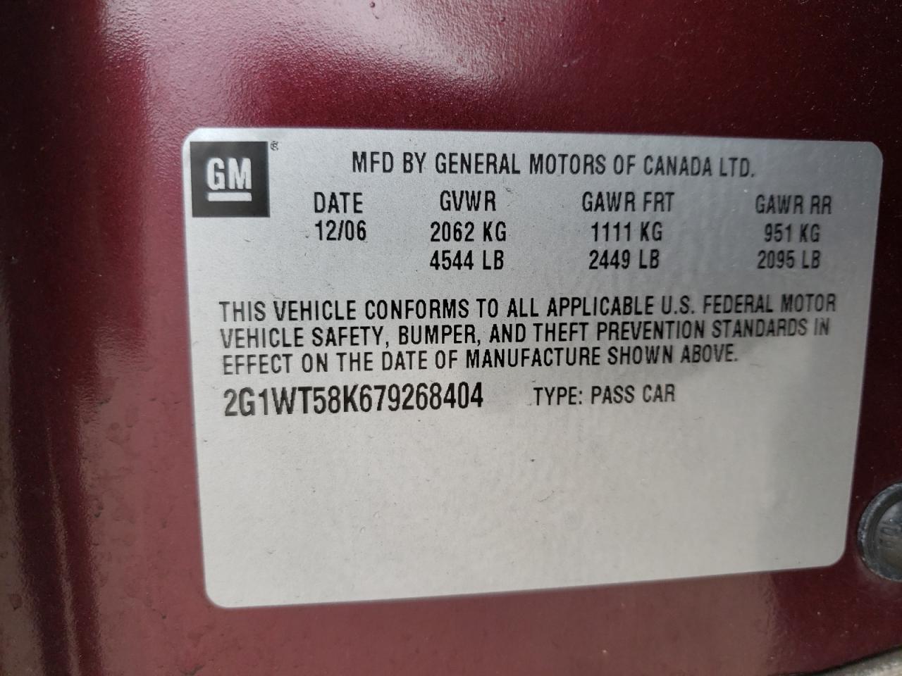 Photo 10 from auction – 2007 CHEVROLET IMPALA LT with VIN 2G1WT58K679268404
