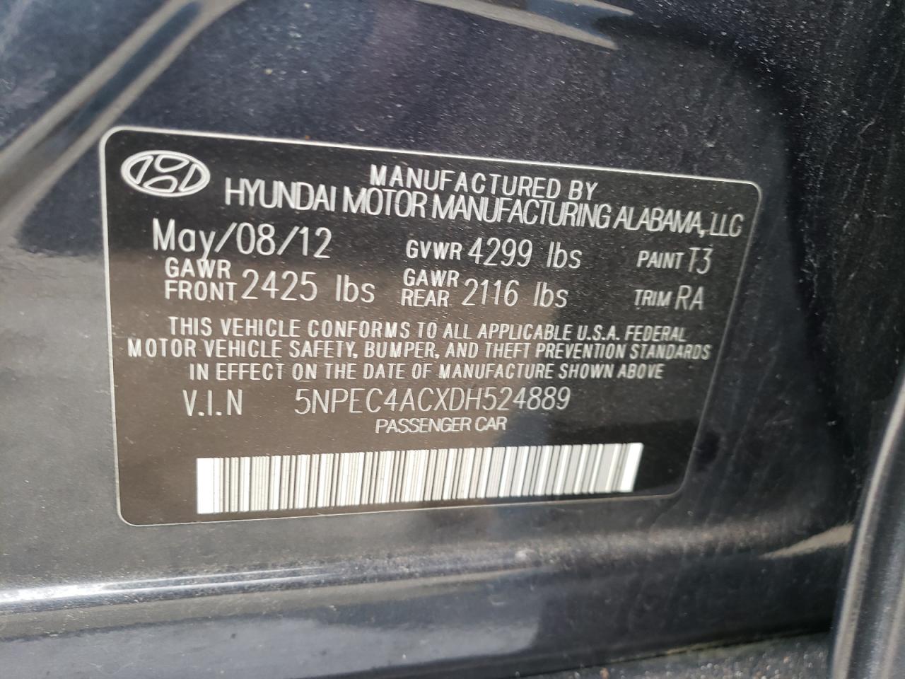Photo 10 from auction – 2013 HYUNDAI SONATA SE with VIN 5NPEC4ACXDH524889