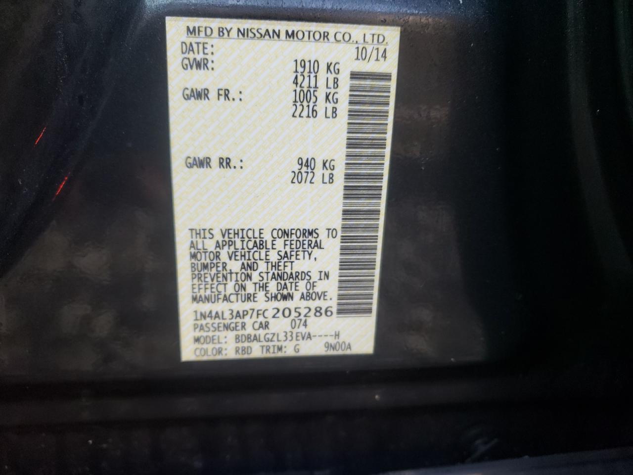Photo 10 from auction – 2015 NISSAN ALTIMA 2.5 with VIN 1N4AL3AP7FC205286