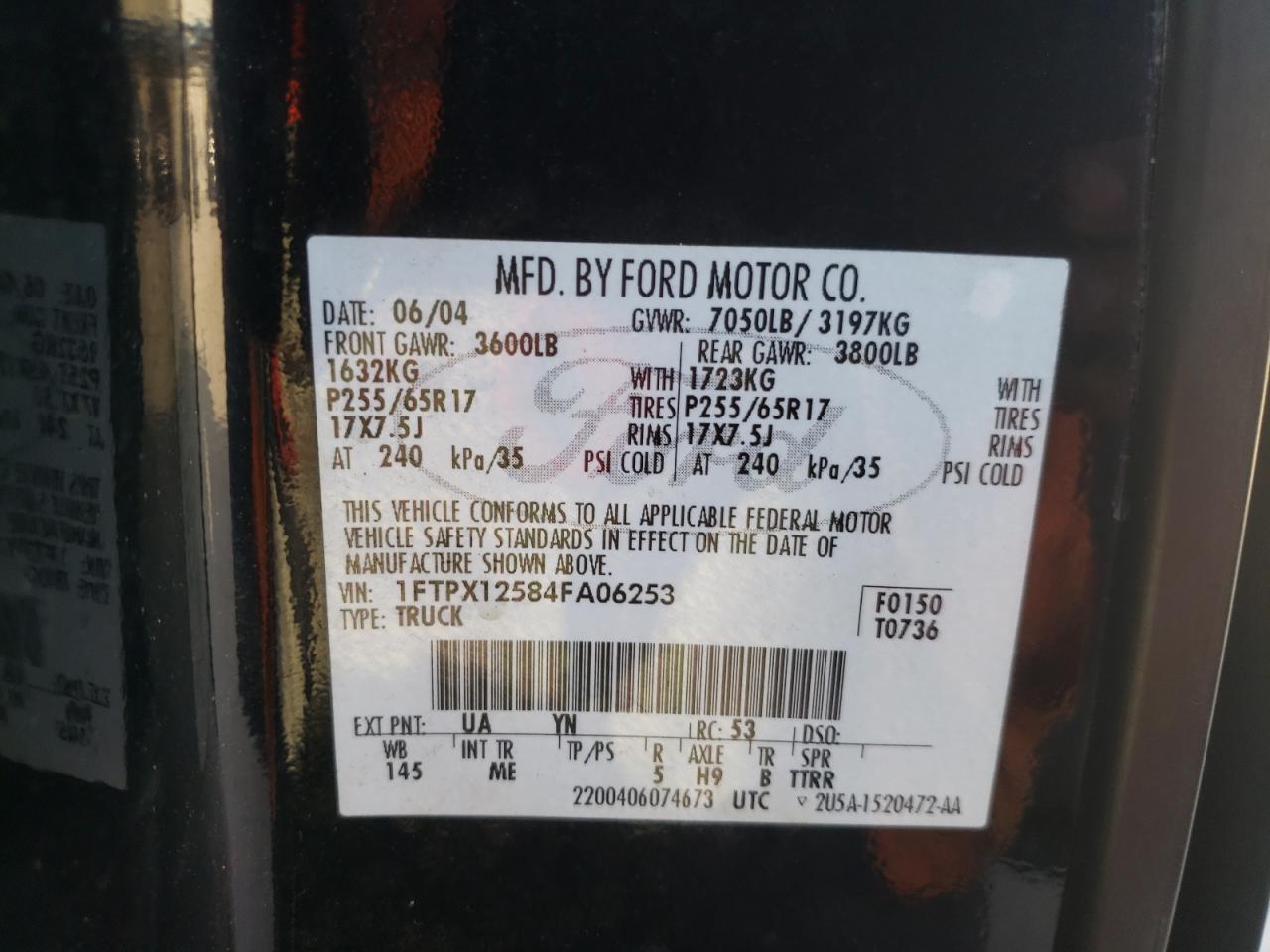 Photo 10 from auction – 2004 FORD F150 with VIN 1FTPX12584FA06253