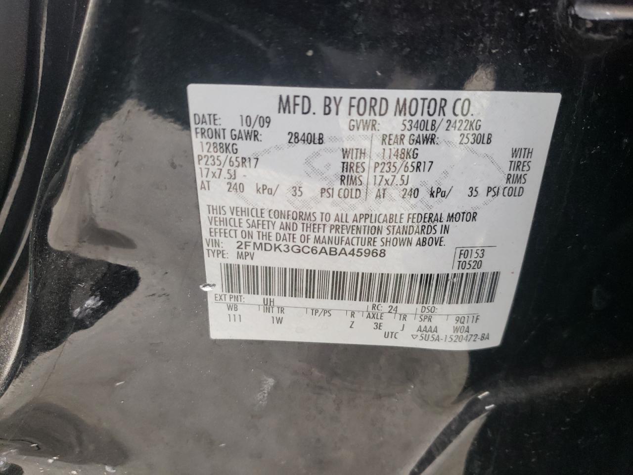 Photo 10 from auction – 2010 FORD EDGE SE with VIN 2FMDK3GC6ABA45968