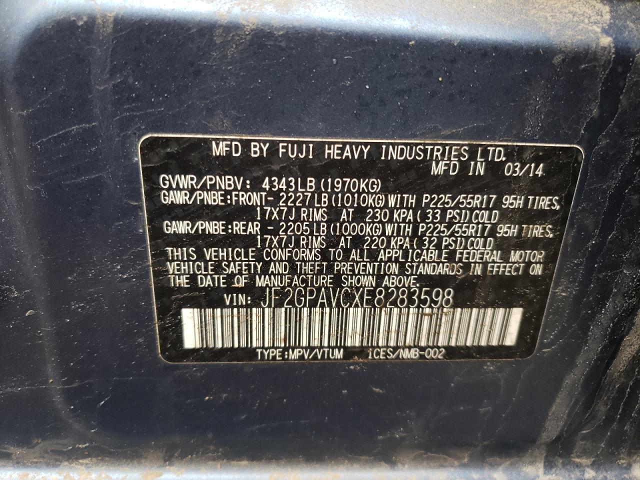 Photo 10 from auction – 2014 SUBARU XV CROSSTR with VIN JF2GPAVCXE8283598