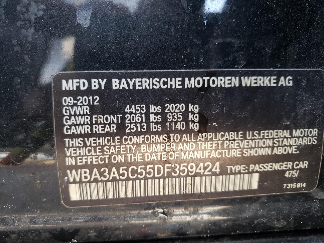 Photo 10 from auction – 2013 BMW 328 I with VIN WBA3A5C55DF359424