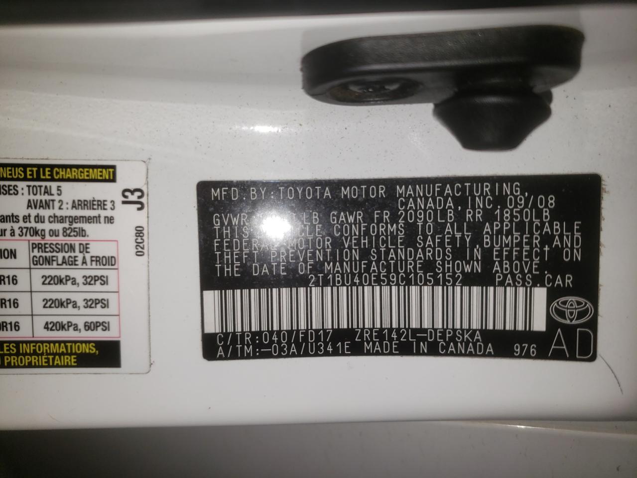 Photo 10 from auction – 2009 TOYOTA COROLLA BA with VIN 2T1BU40E59C105152