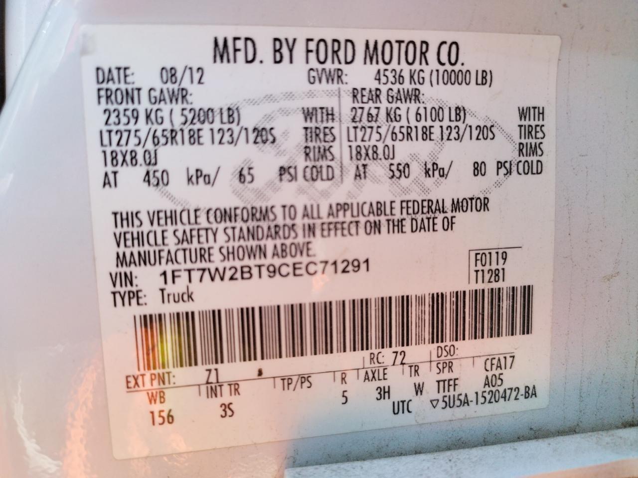 Photo 10 from auction – 2012 FORD F250 SUPER with VIN 1FT7W2BT9CEC71291