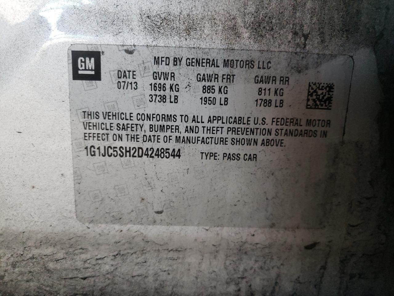 Photo 10 from auction – 2013 CHEVROLET SONIC LT with VIN 1G1JC5SH2D4248544