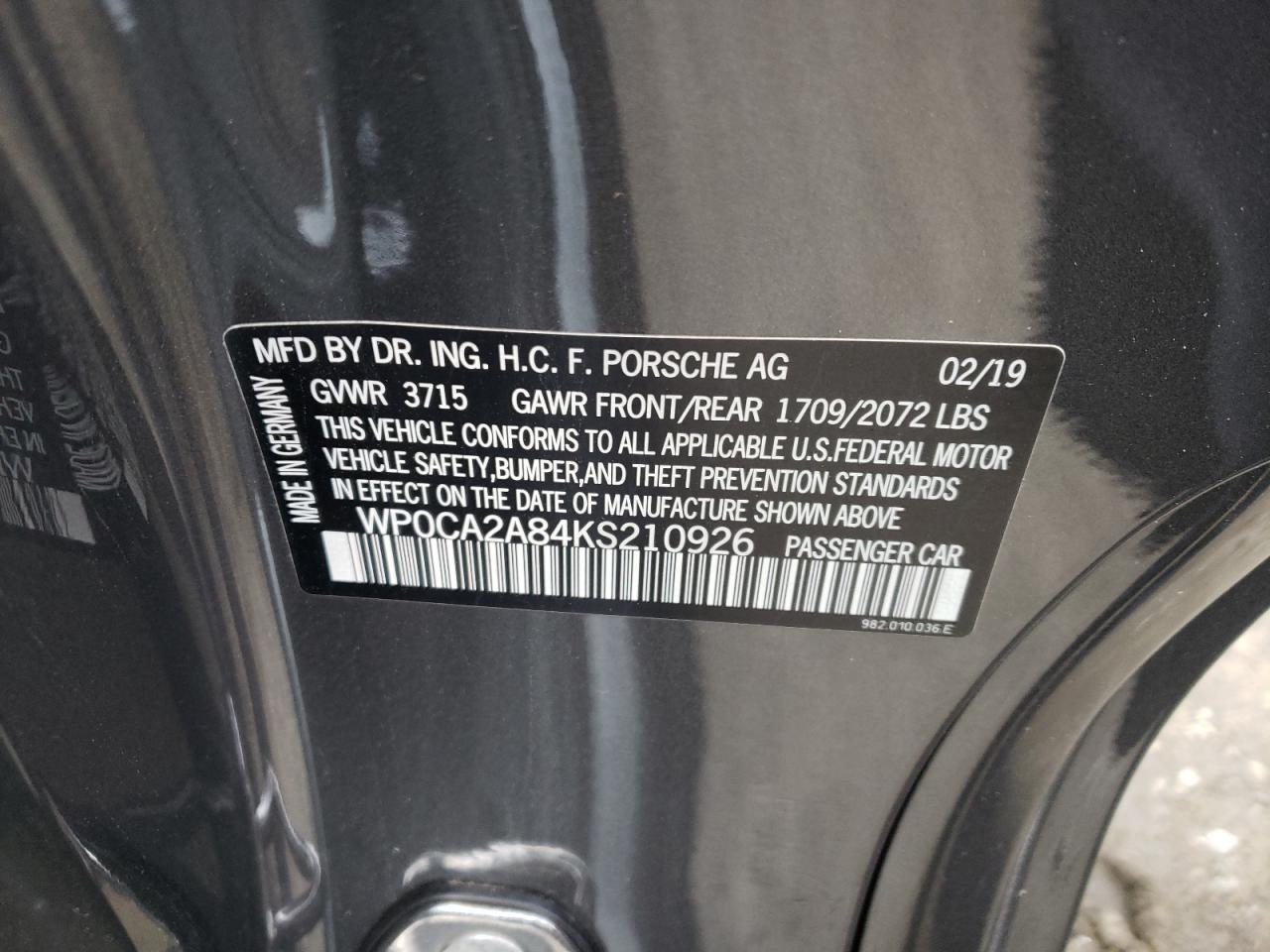 Photo 10 from auction – 2019 PORSCHE BOXSTER BA with VIN WP0CA2A84KS210926