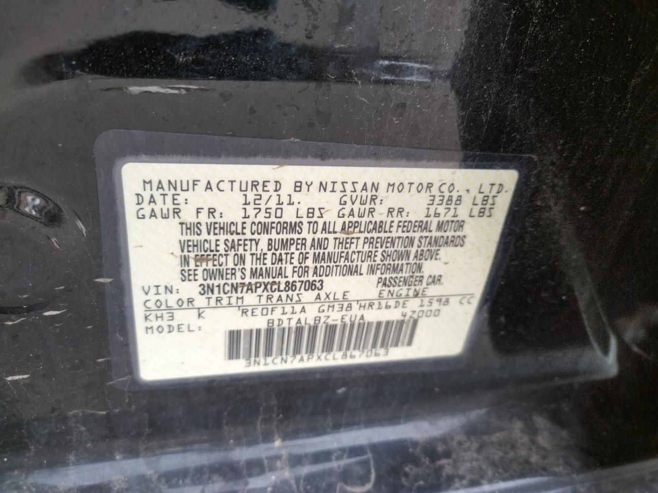 Photo 10 from auction – 2012 NISSAN VERSA S with VIN 3N1CN7APXCL867063