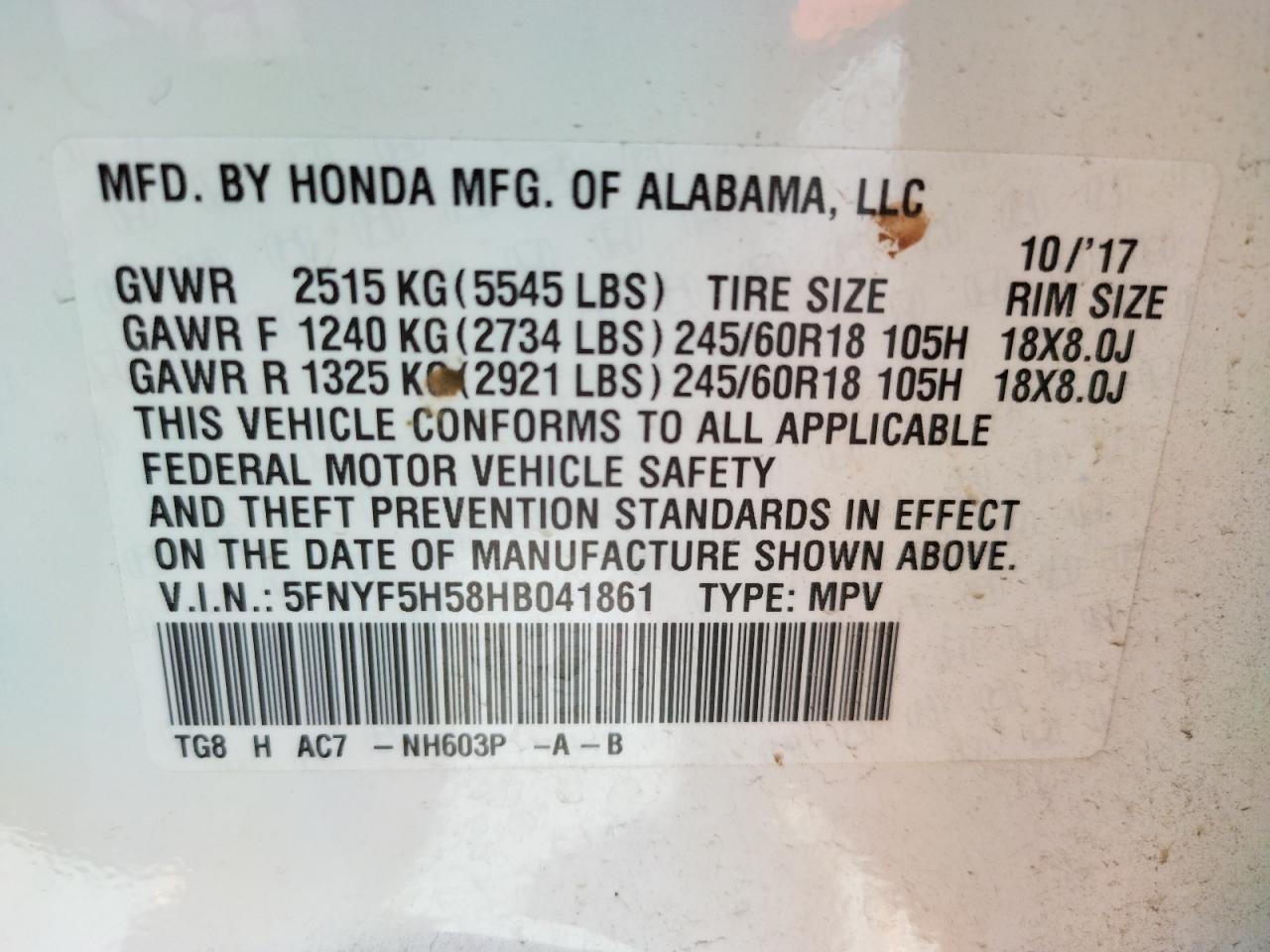 Photo 10 from auction – 2017 HONDA PILOT EXL with VIN 5FNYF5H58HB041861
