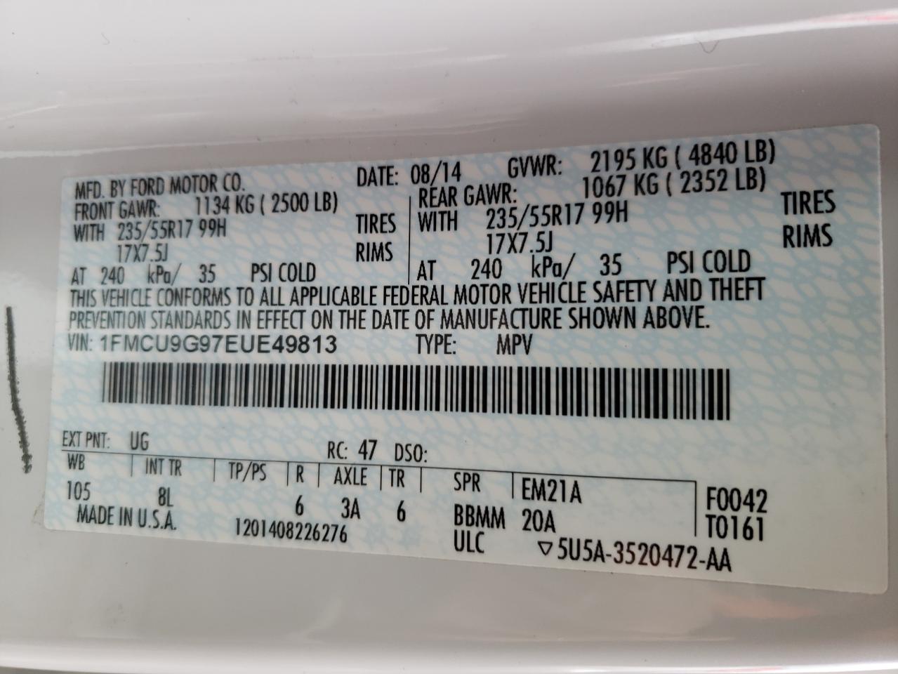 Photo 10 from auction – 2014 FORD ESCAPE SE with VIN 1FMCU9G97EUE49813