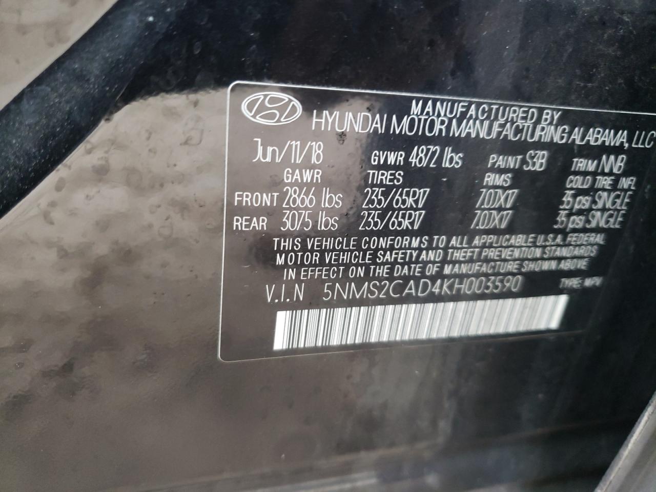 Photo 10 from auction – 2019 HYUNDAI SANTA FE S with VIN 5NMS2CAD4KH003590