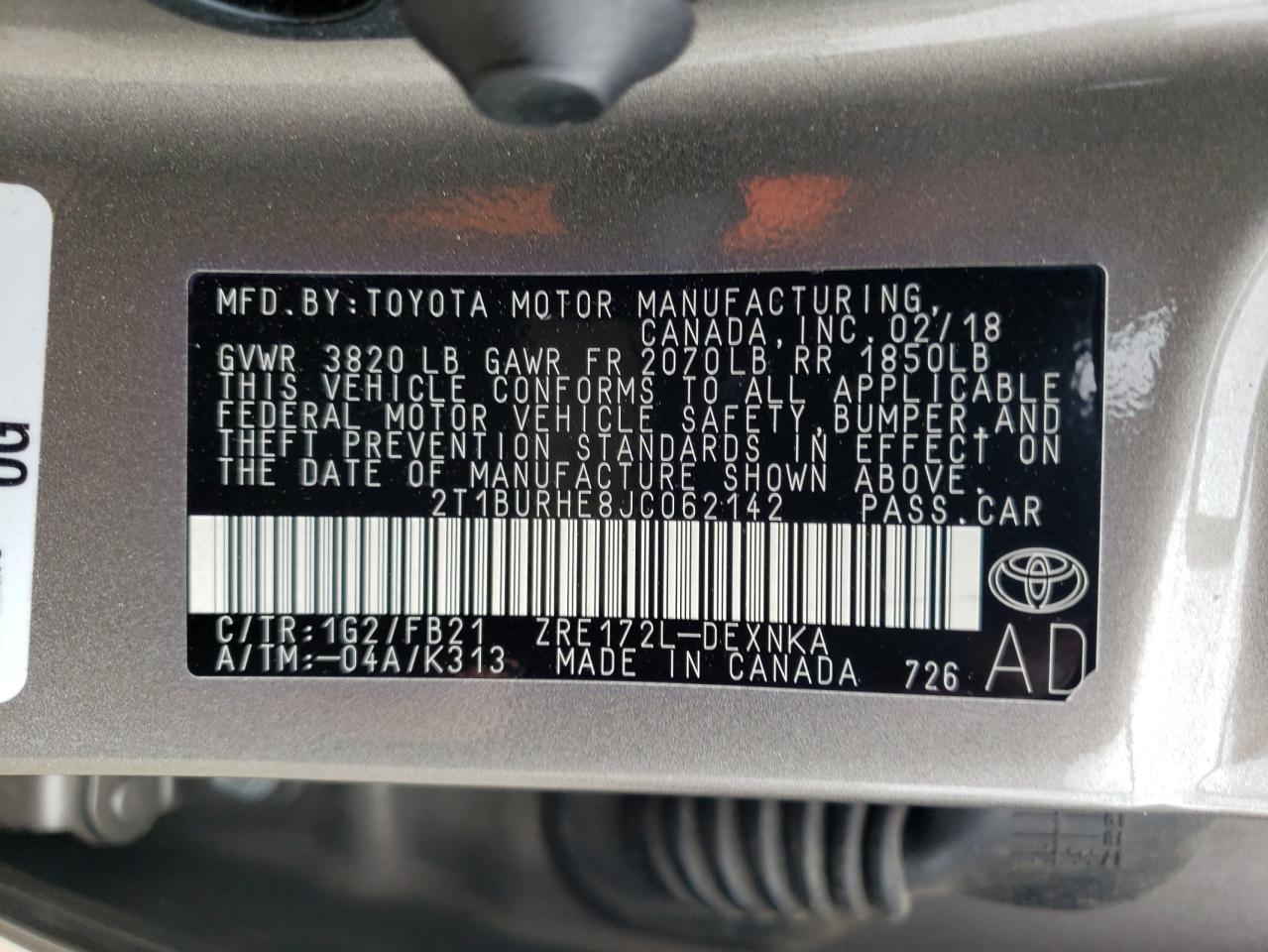 Photo 10 from auction – 2018 TOYOTA COROLLA L with VIN 2T1BURHE8JC062142