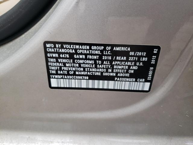Photo 10 from auction – 2012 VOLKSWAGEN PASSAT SE with VIN 1VWBP7A33CC098799