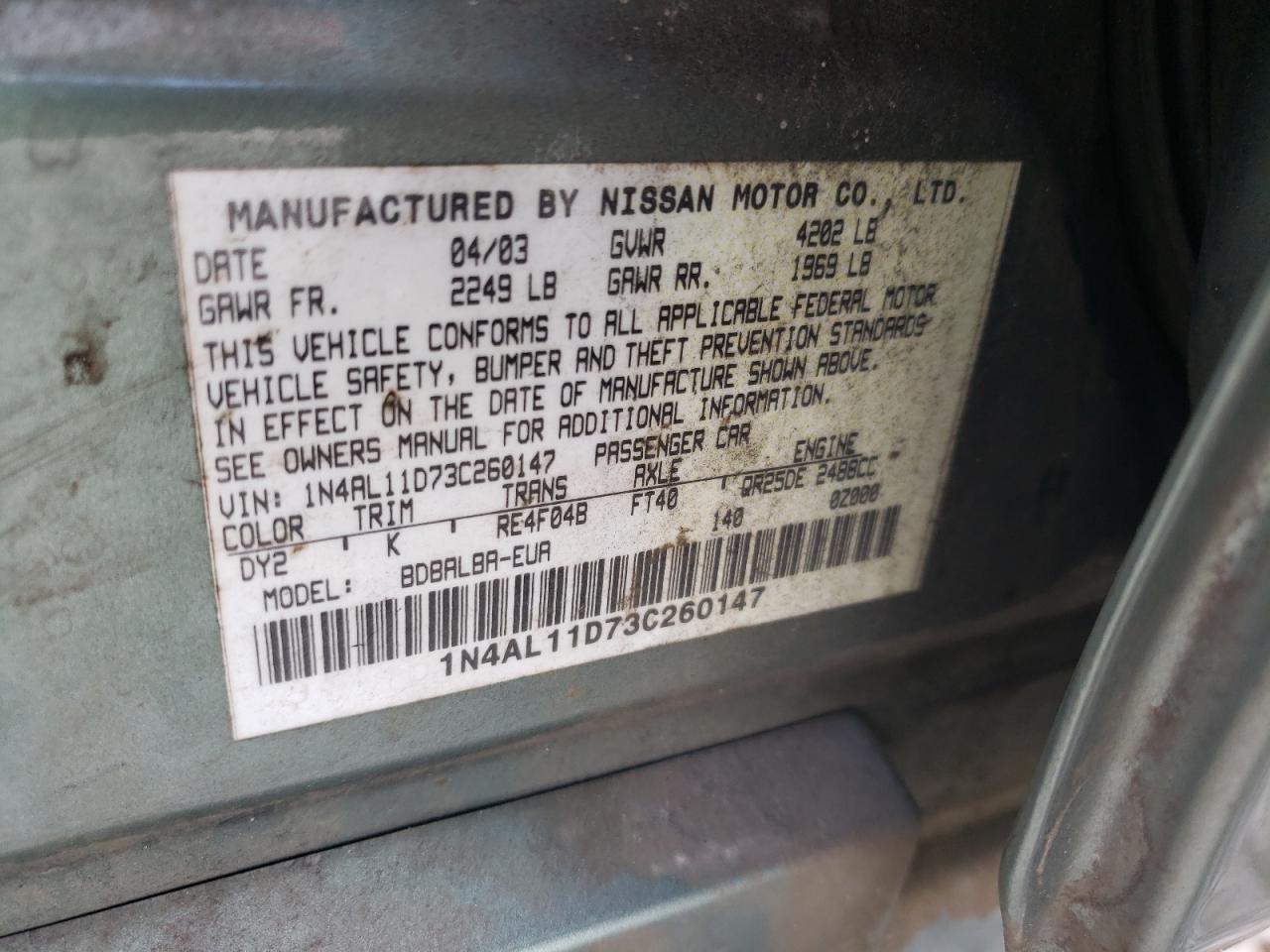 صورة رقم 10 من المزاد - 2003 NISSAN ALTIMA BAS مع VIN 1N4AL11D73C260147