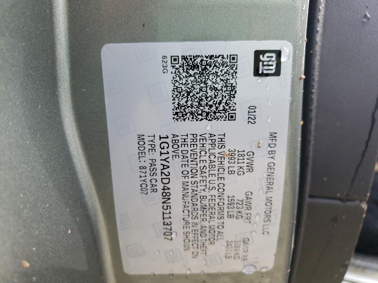 Photo 10 from auction – 2022 CHEVROLET CORVETTE S with VIN 1G1YA2D48N5113707