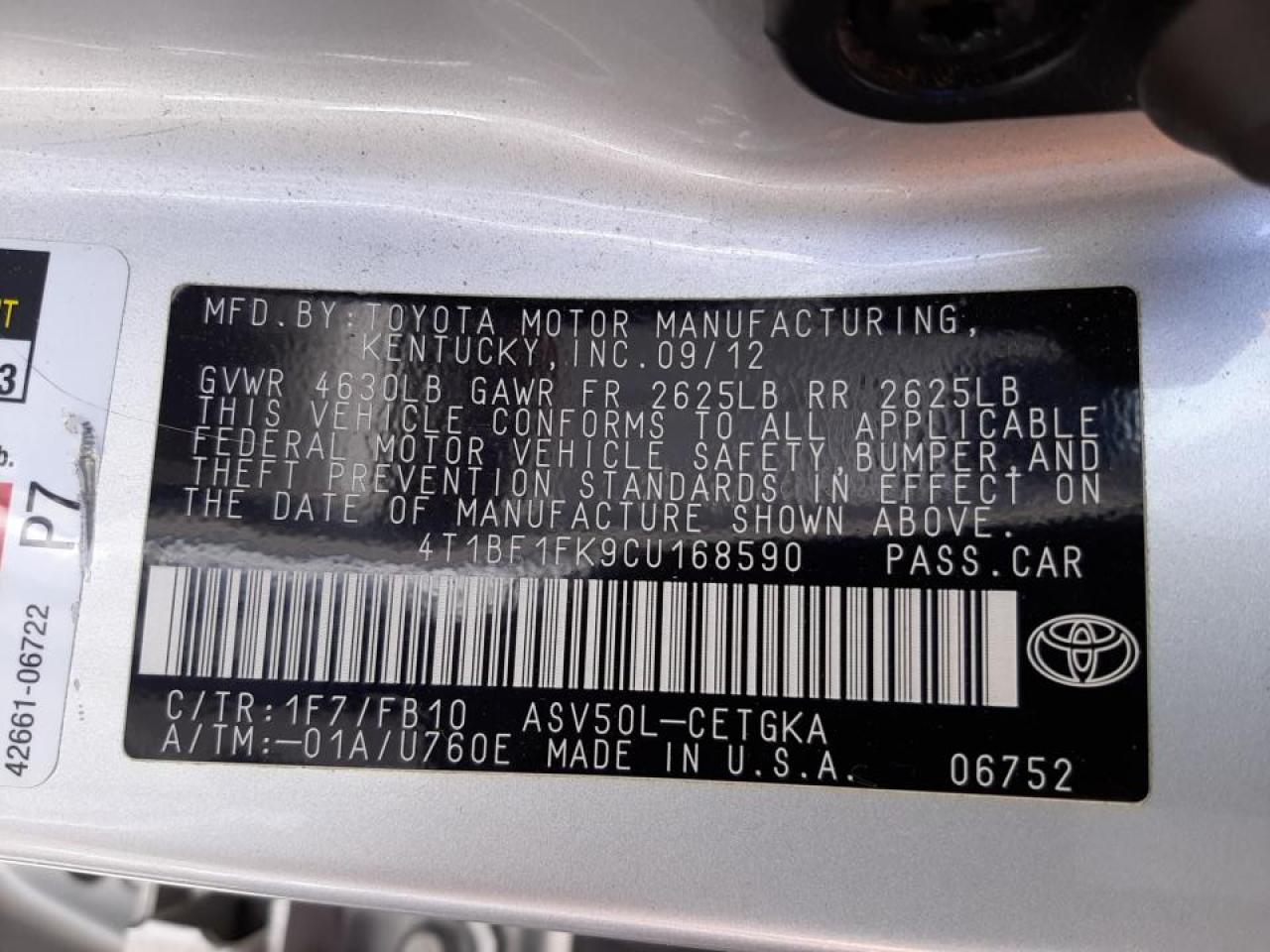 Photo 10 from auction – 2012 TOYOTA CAMRY BASE with VIN 4T1BF1FK9CU168590