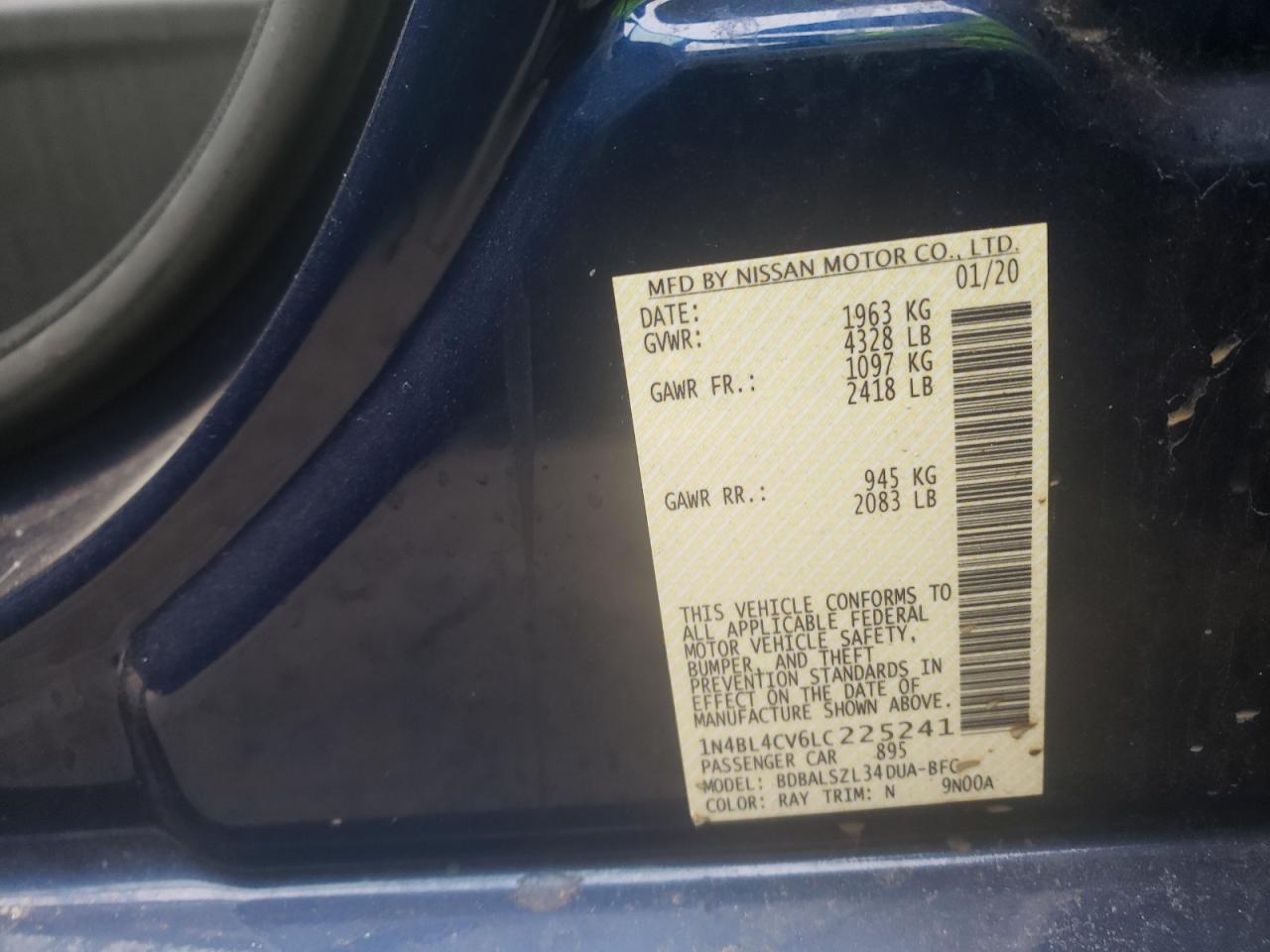 Photo 10 from auction – 2020 NISSAN ALTIMA SR with VIN 1N4BL4CV6LC225241