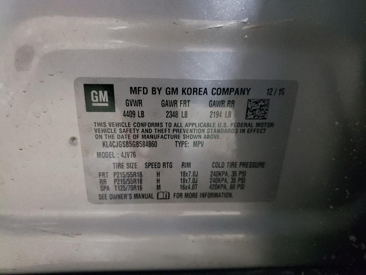 Photo 10 from auction – 2016 BUICK ENCORE with VIN KL4CJGSB5GB584860