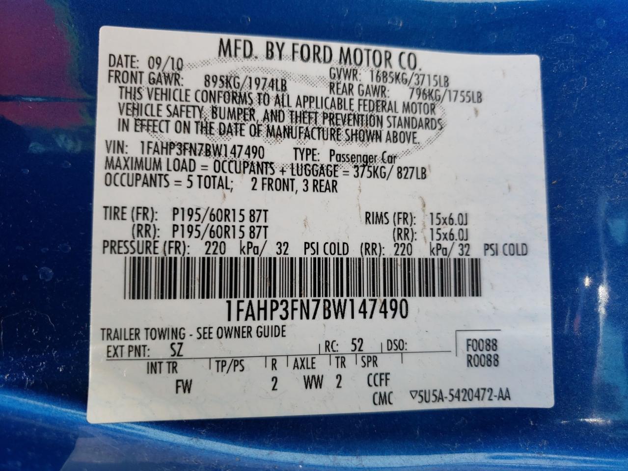 Photo 10 from auction – 2011 FORD FOCUS SE with VIN 1FAHP3FN7BW147490