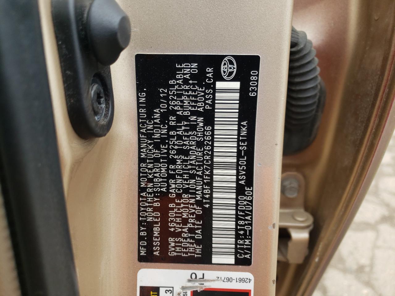 Photo 10 from auction – 2012 TOYOTA CAMRY BASE with VIN 4T4BF1FK7CR262666