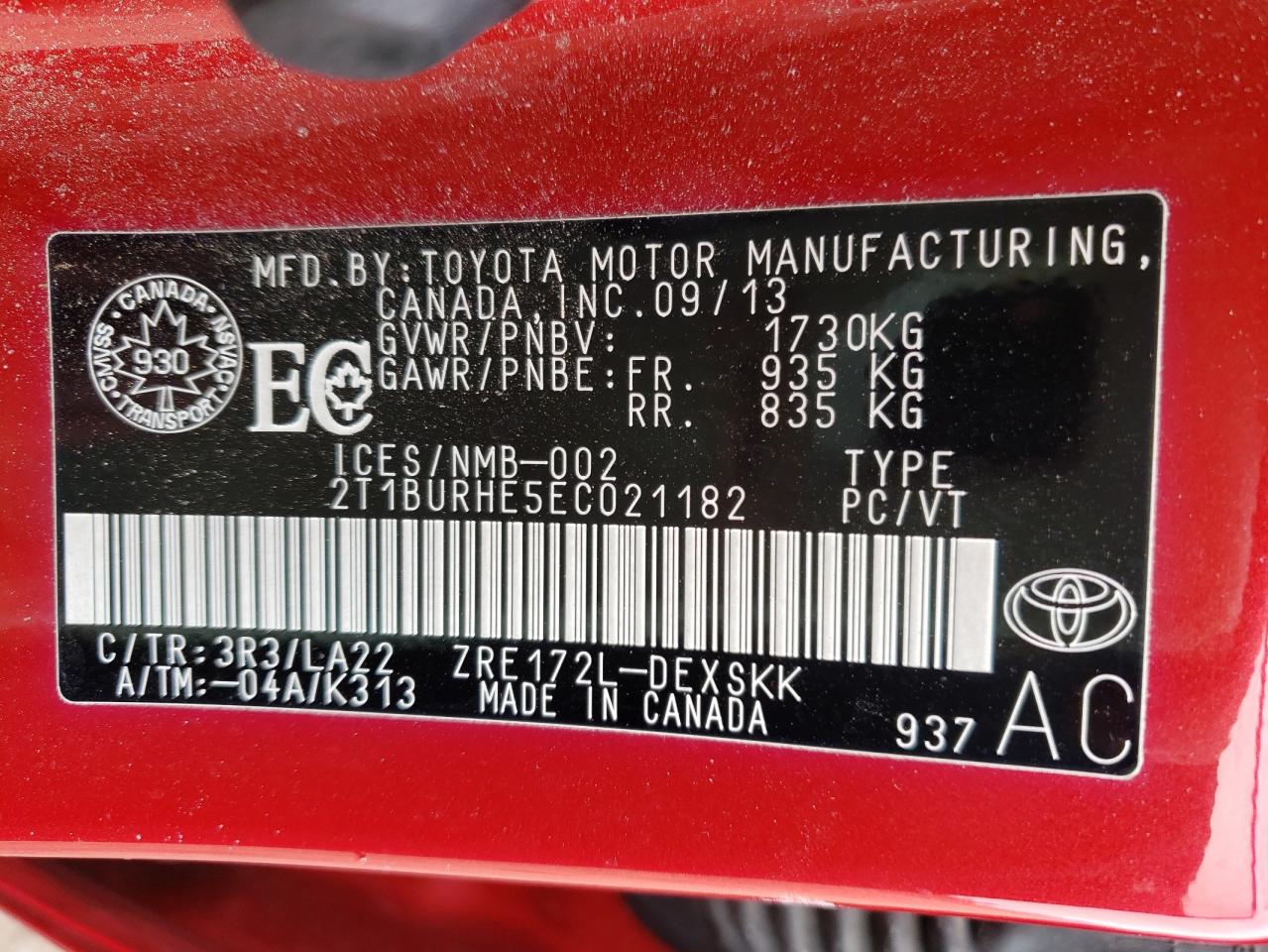 Photo 10 from auction – 2014 TOYOTA COROLLA L with VIN 2T1BURHE5EC021182