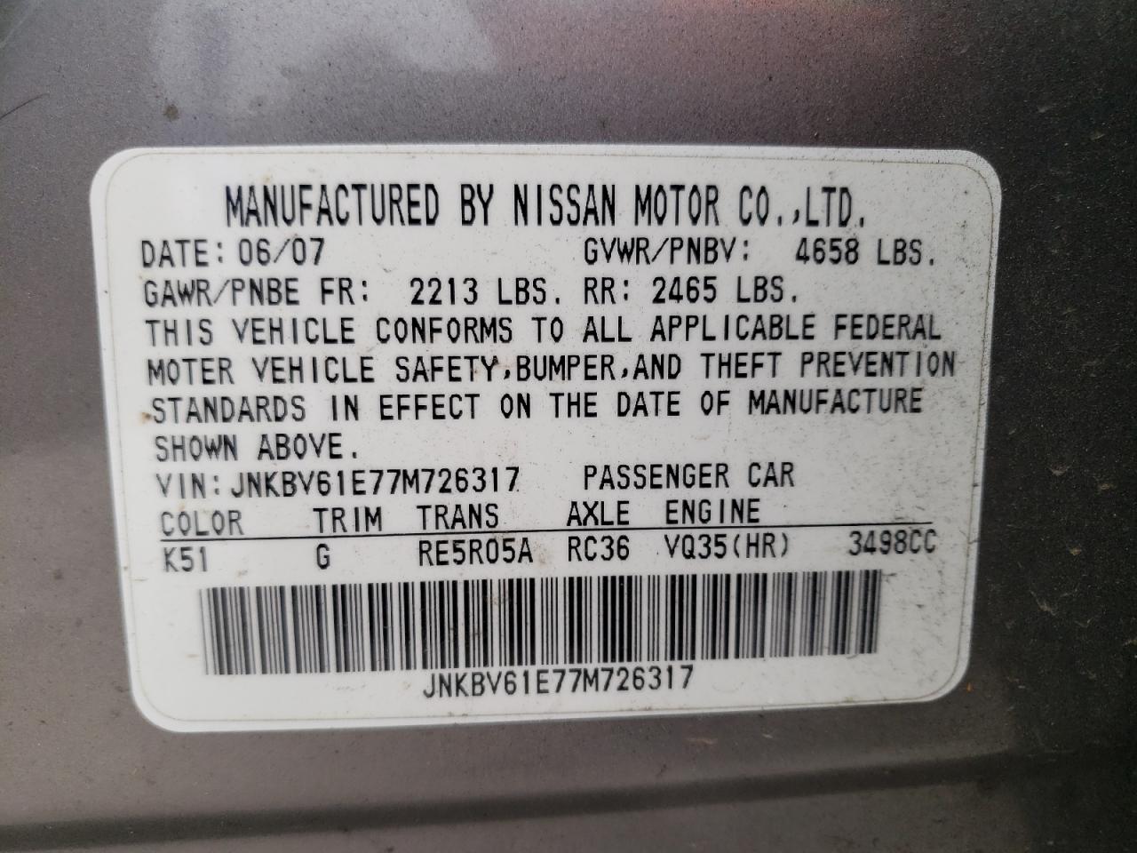 Photo 10 from auction – 2007 INFINITI G35 with VIN JNKBV61E77M726317