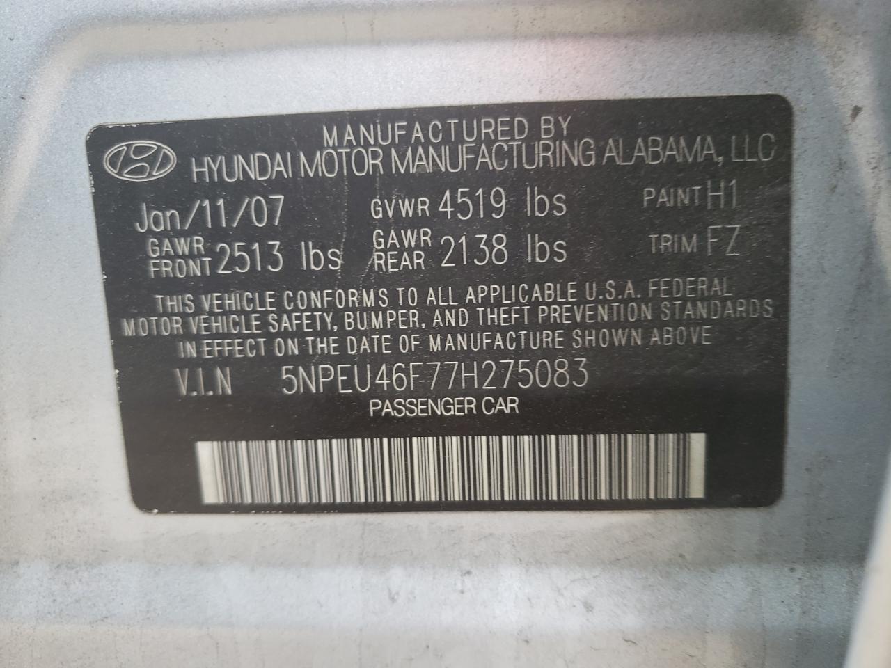 Photo 10 from auction – 2007 HYUNDAI SONATA SE with VIN 5NPEU46F77H275083