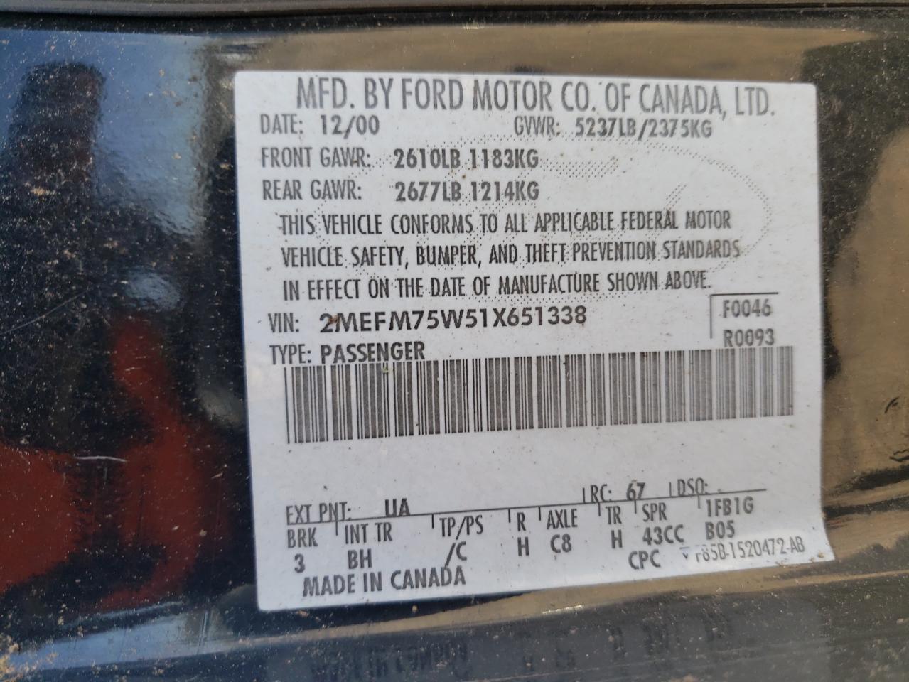 Photo 10 from auction – 2001 MERCURY GRAND MARQ with VIN 2MEFM75W51X651338