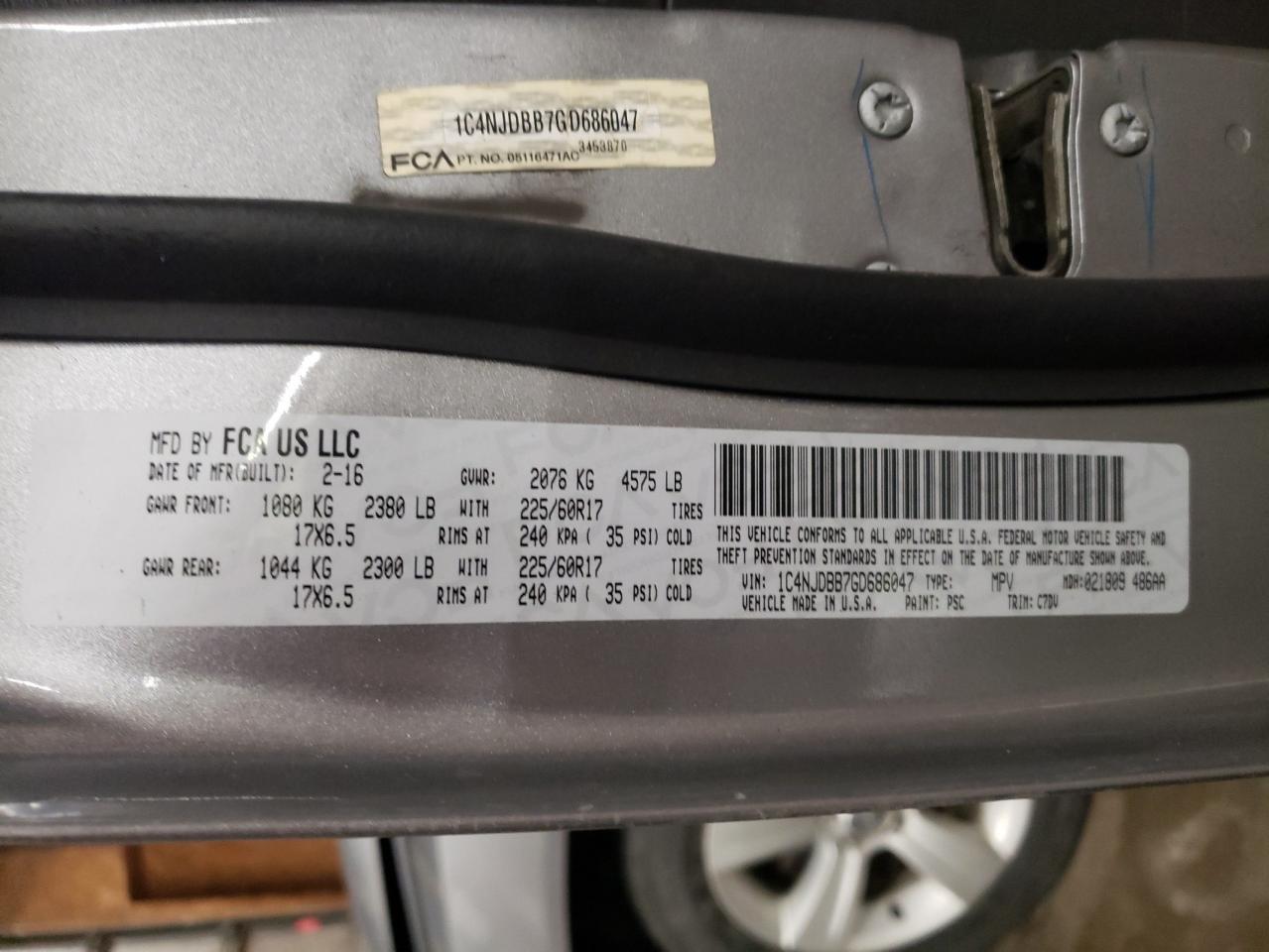 Photo 10 from auction – 2016 JEEP COMPASS SP with VIN 1C4NJDBB7GD686047