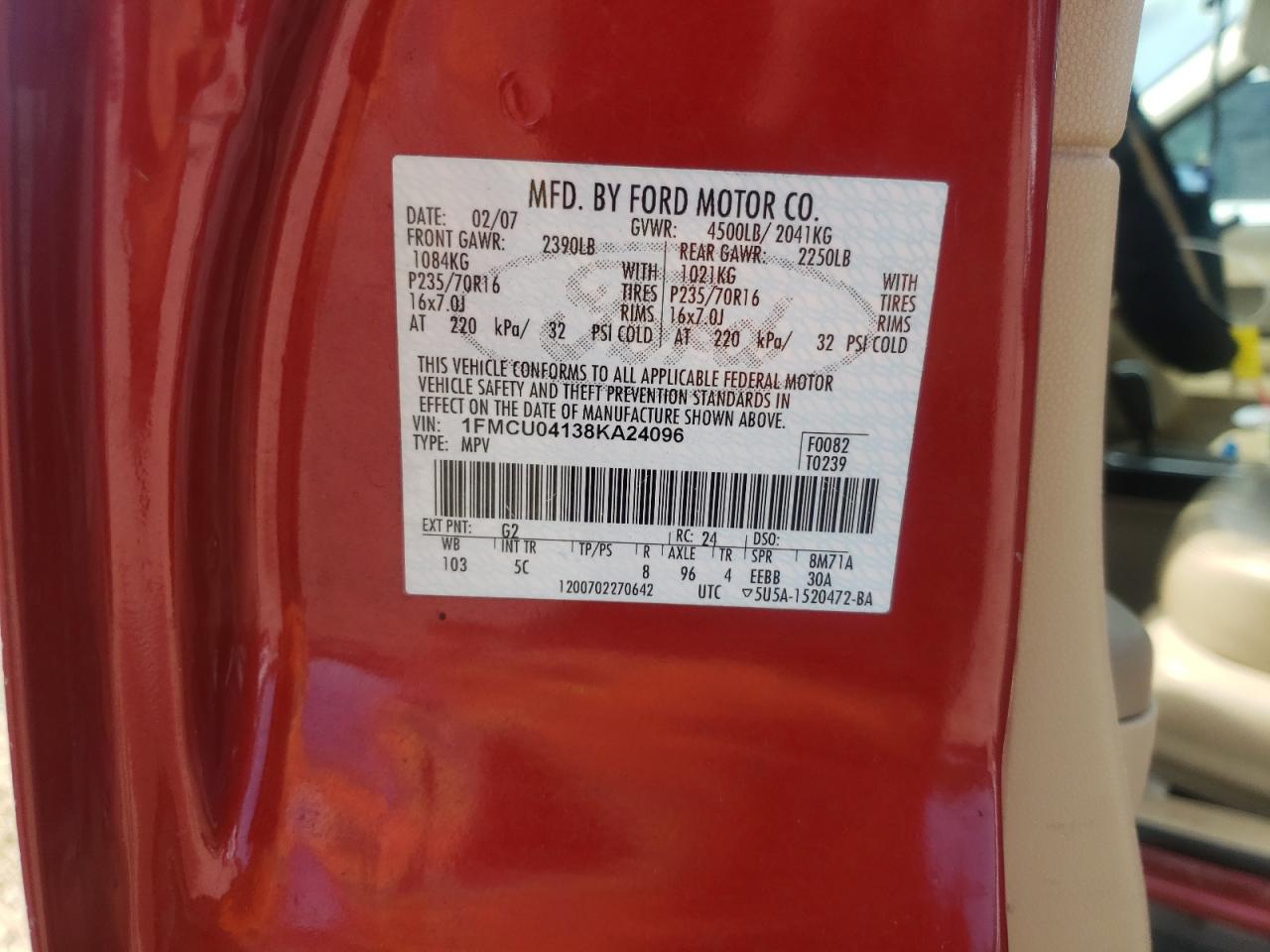 Zdjęcie 10 z aukcji – 2008 FORD ESCAPE LIM z VIN 1FMCU04138KA24096