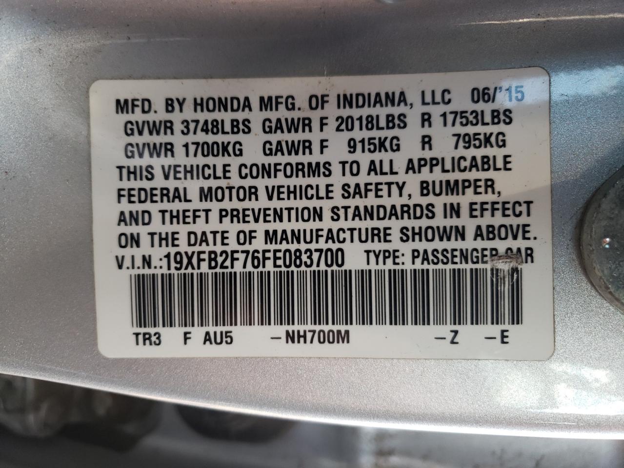 Photo 10 from auction – 2015 HONDA CIVIC SE with VIN 19XFB2F76FE083700