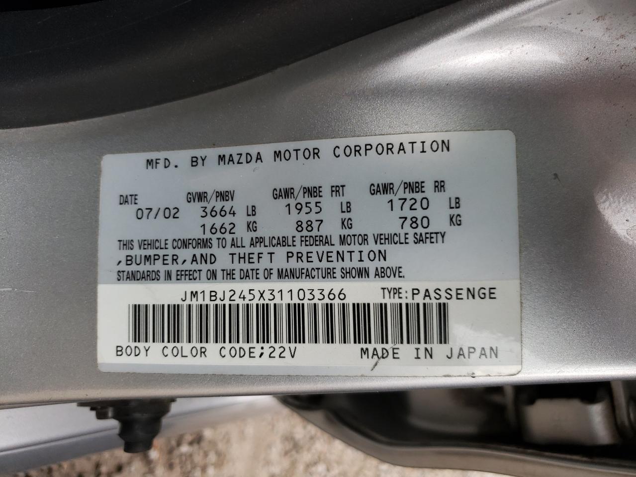 Photo 10 from auction – 2003 MAZDA PROTEGE PR with VIN JM1BJ245X31103366