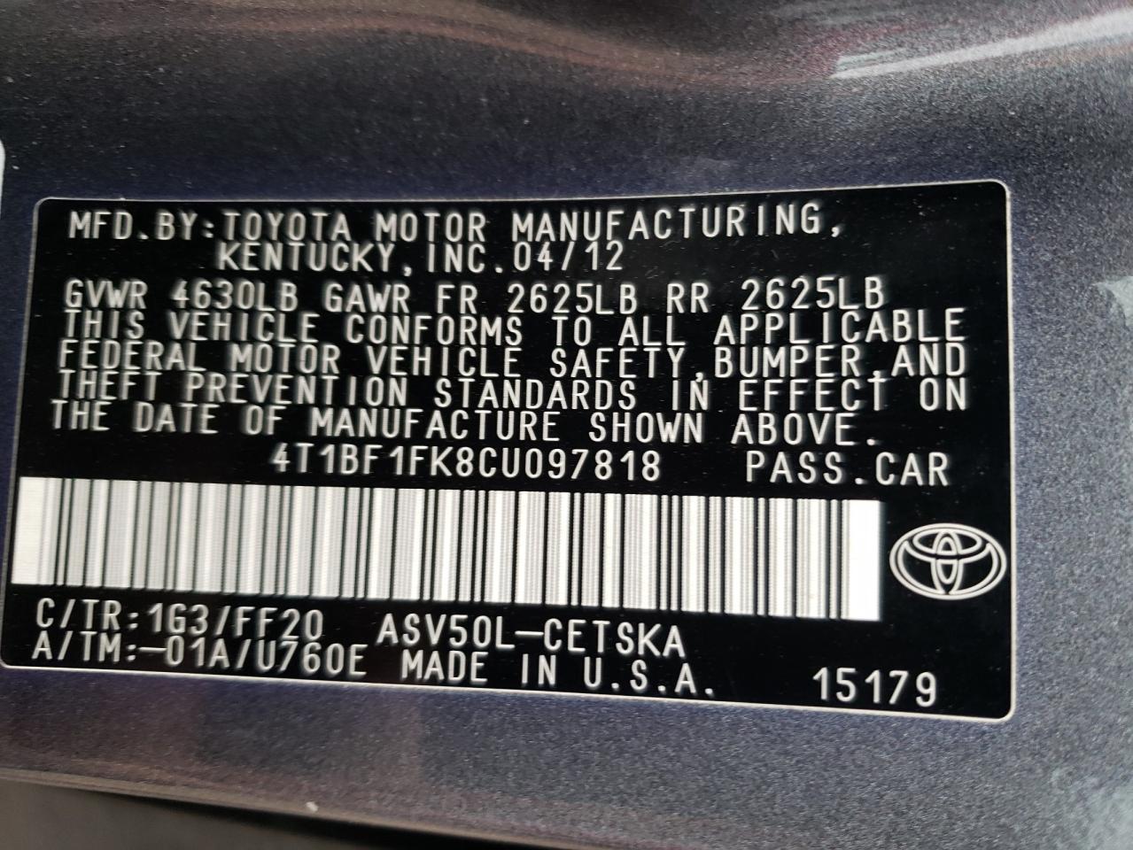 Photo 10 from auction – 2012 TOYOTA CAMRY BASE with VIN 4T1BF1FK8CU097818