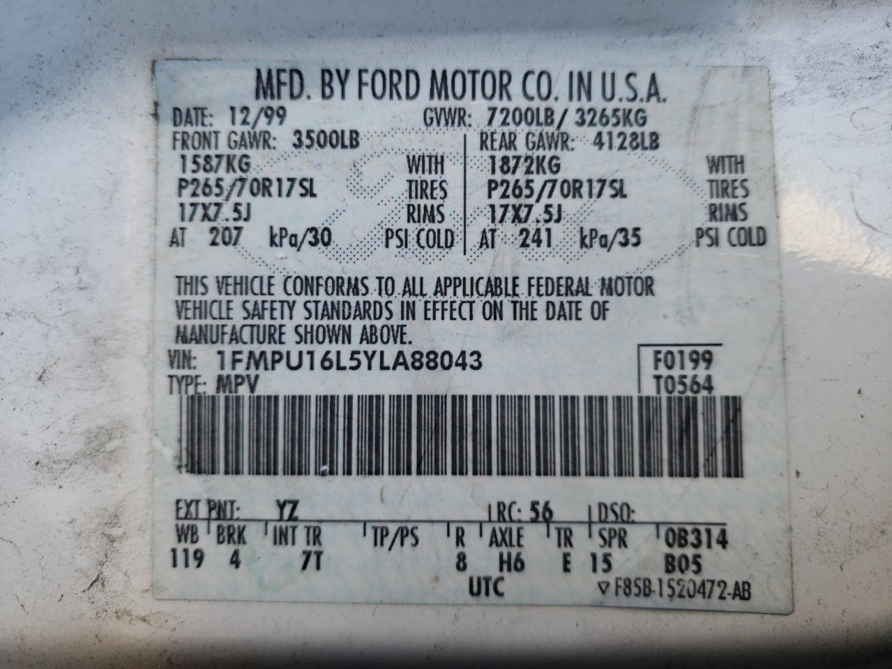 Photo 10 from auction – 2000 FORD EXPEDITION with VIN 1FMPU16L5YLA88043