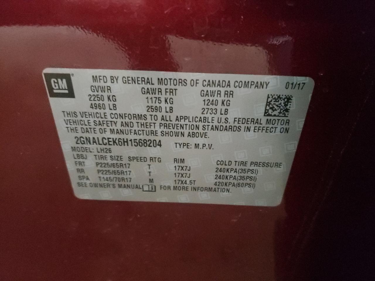 Photo 10 from auction – 2017 CHEVROLET EQUINOX LT with VIN 2GNALCEK6H1568204