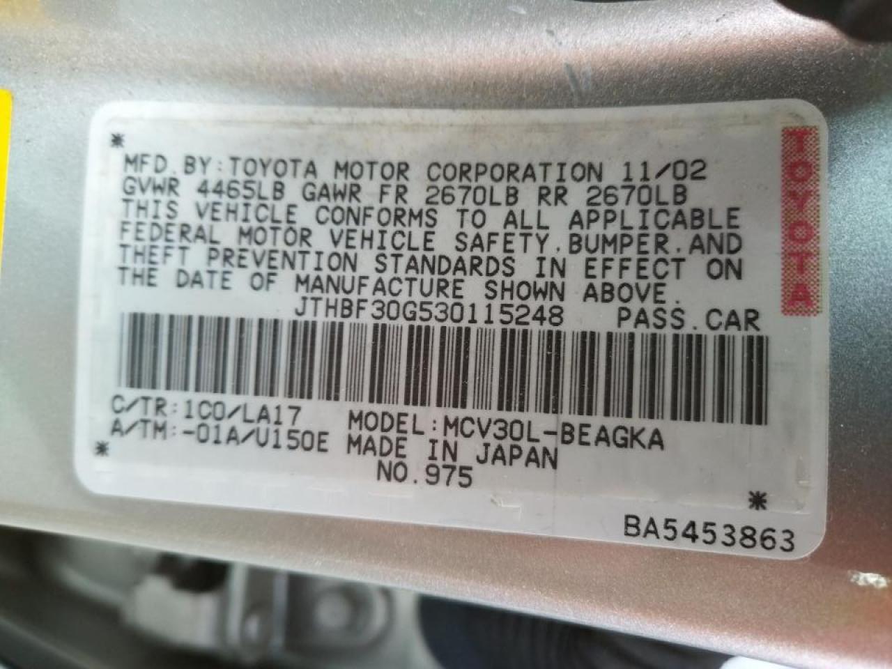 Photo 10 from auction – 2003 LEXUS ES 300 with VIN JTHBF30G530115248
