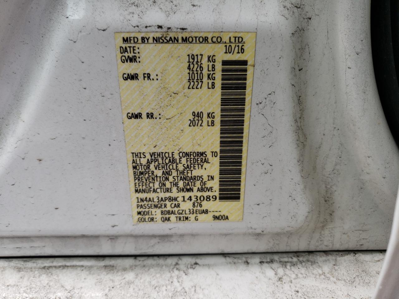 Photo 10 from auction – 2017 NISSAN ALTIMA 2.5 with VIN 1N4AL3AP8HC143089