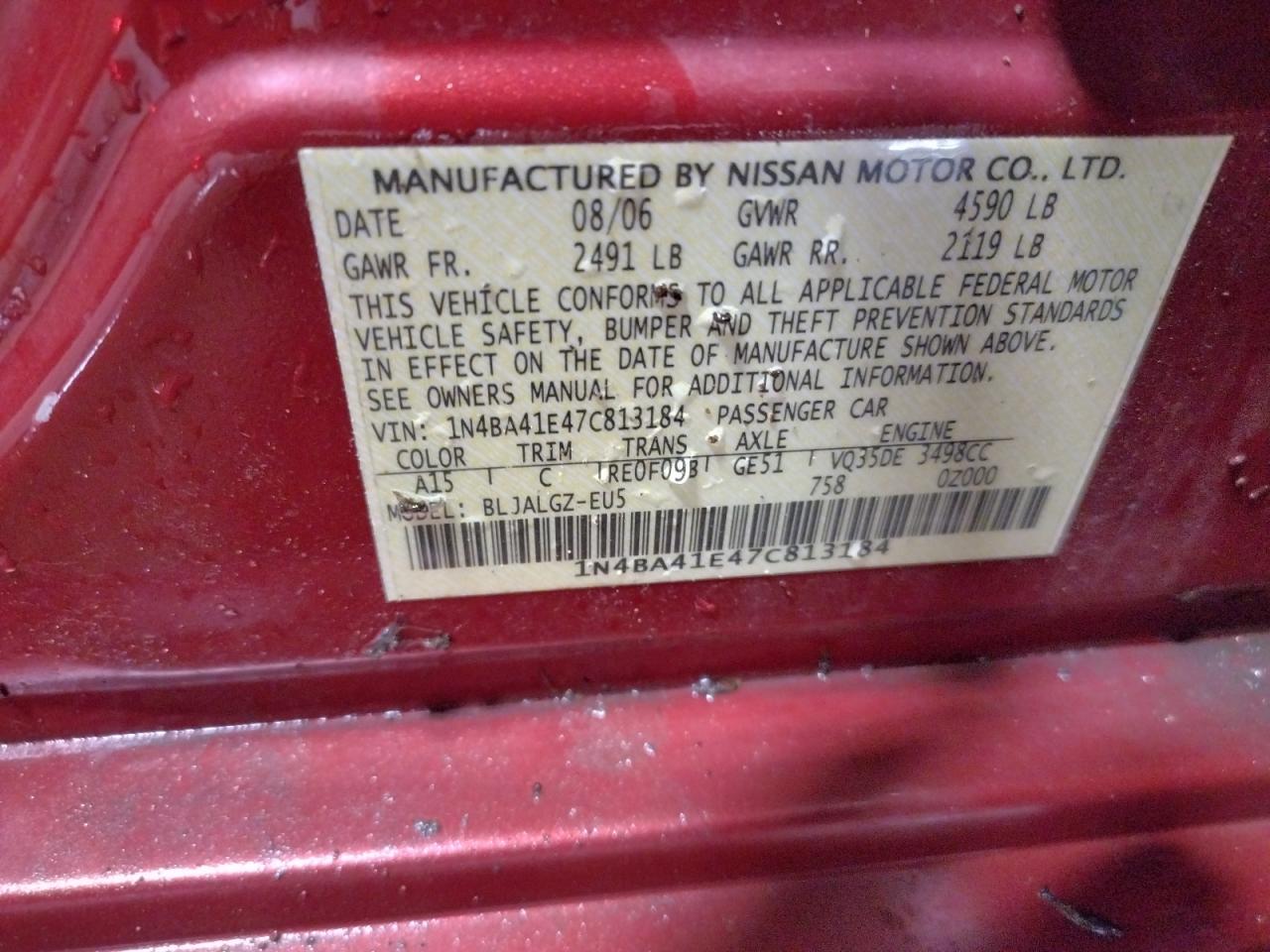 Photo 10 from auction – 2007 NISSAN MAXIMA SE with VIN 1N4BA41E47C813184