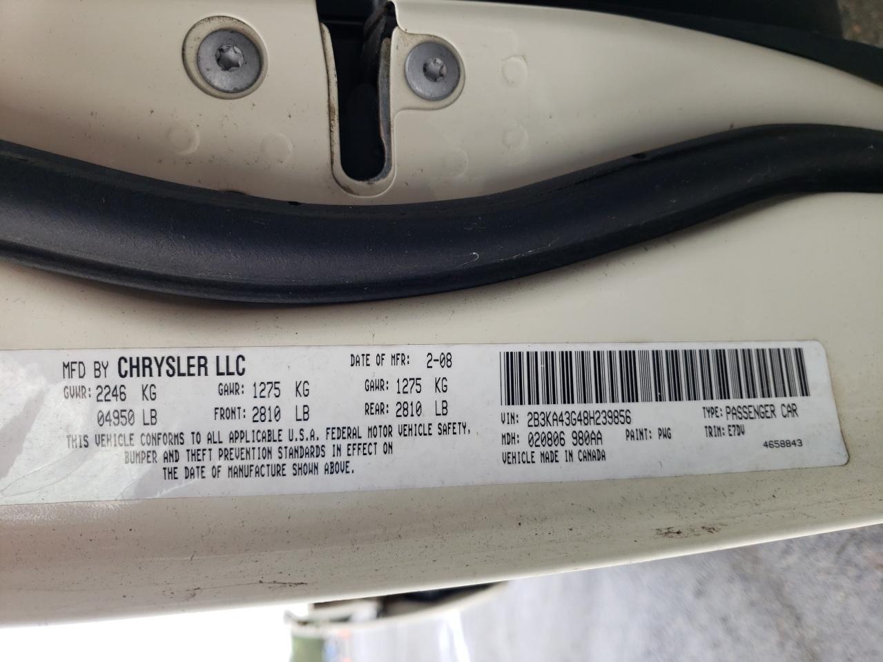 Photo 10 from auction – 2008 DODGE CHARGER SX with VIN 2B3KA43G48H239856