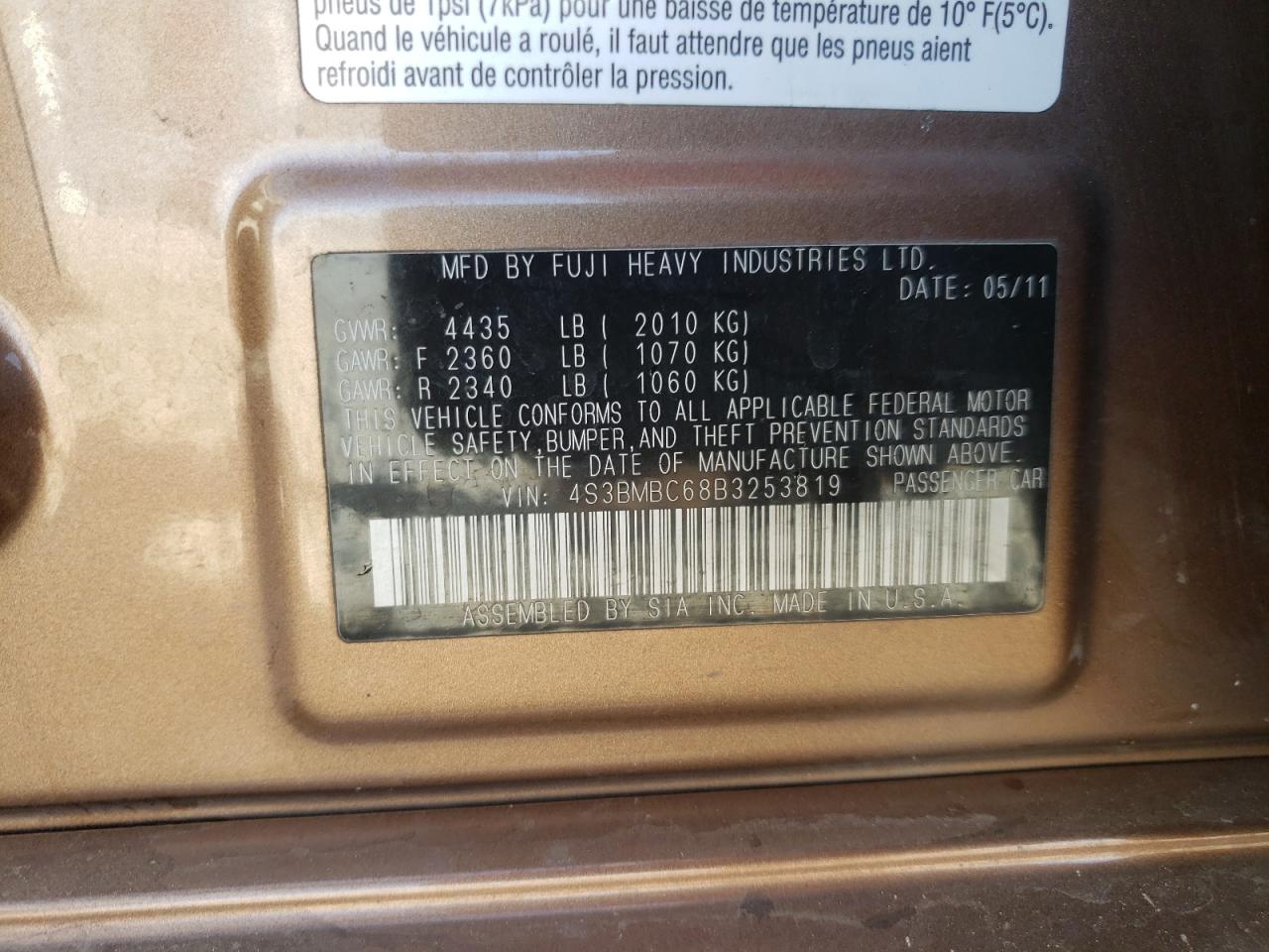 Photo 10 from auction – 2011 SUBARU LEGACY 2.5 with VIN 4S3BMBC68B3253819